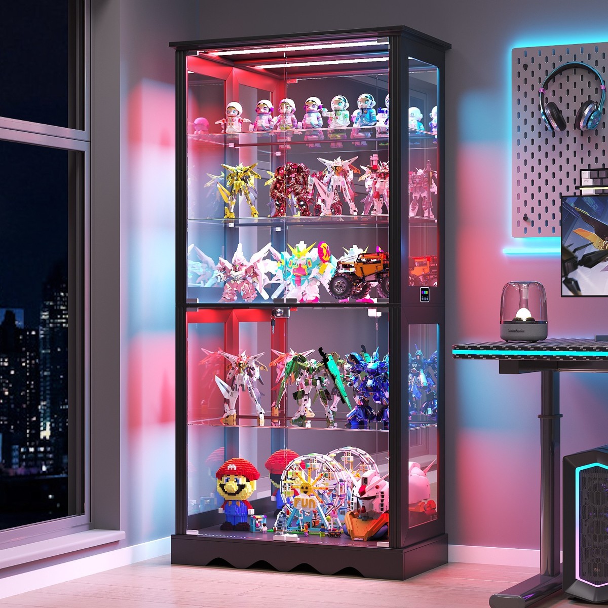 Gurexl Glass Display Cabinet with RGB Lights for Collectibles, LED