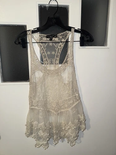 OFF WHITE BoHo Top Boho avorio bianco sporco crema pizzo sovrapposto strato S M