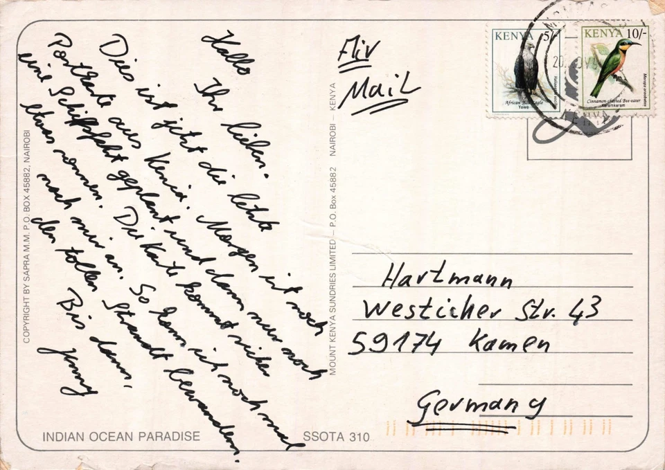 KENIA - Küste Indischer Ozean - Postkarte gelaufen 1994 - Bild 2 von 2