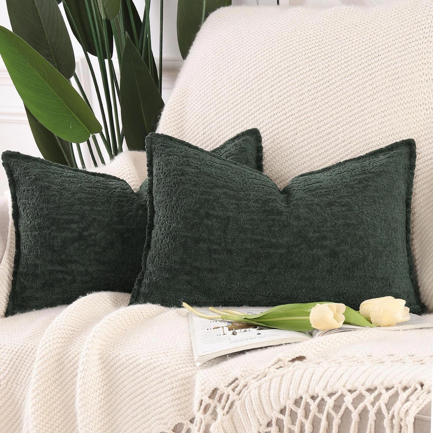 Pack of 2 Chenille Velvet Throw Pillow Covers 12x20 Inch Dark Green Soft Neut...