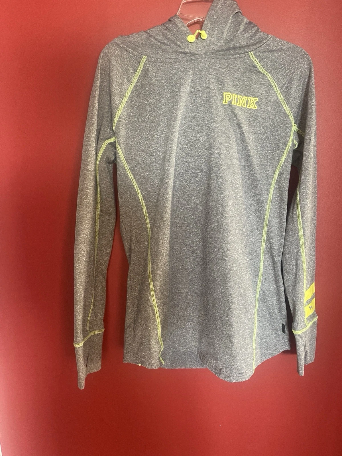 Pink Victoria Secret Hoodie Women’s S Gray Neon Thumb Holes Back Pocket, Fleece,