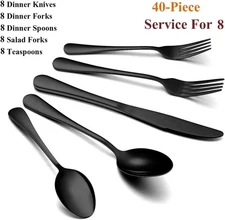 40-Piece Black Silverware Set for 8, Stainless Steel Cutlery Utensils Kitchen