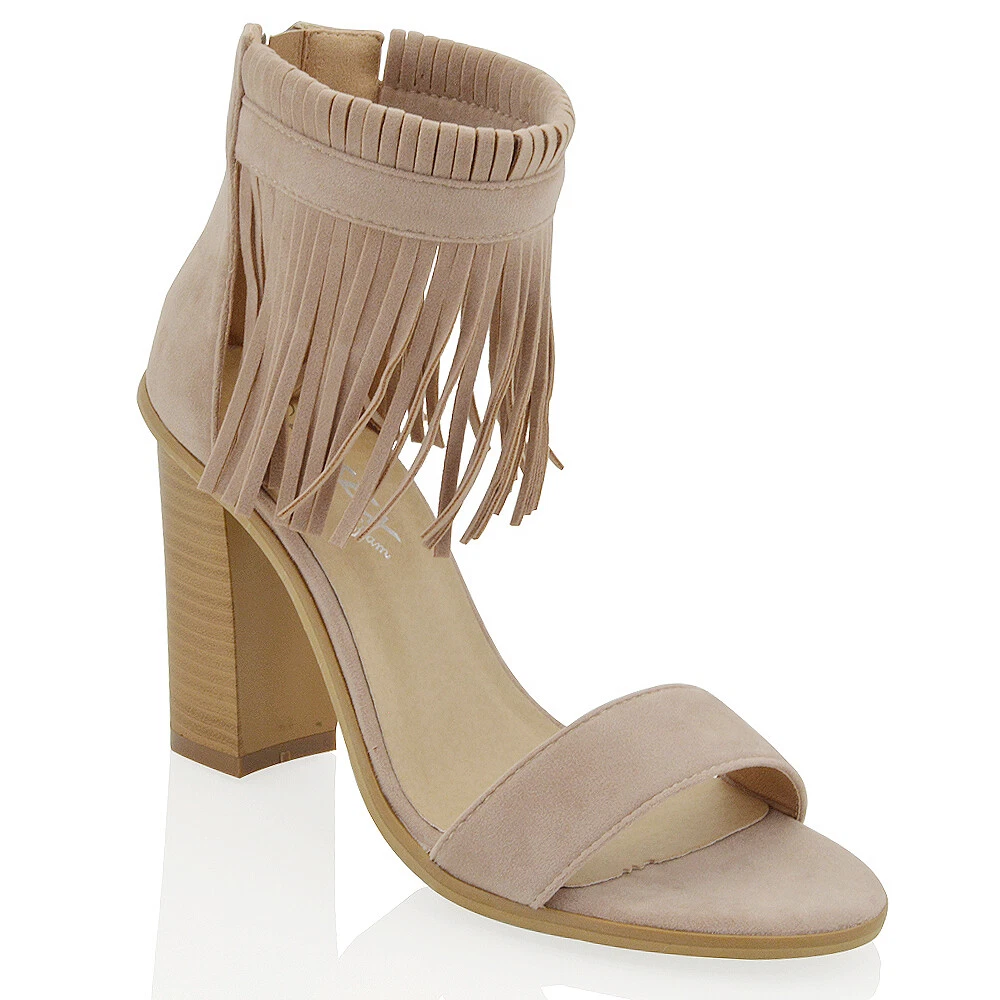 Womens High Block Heel Sandals Ladies Open Toe Zip Up Ankle Fringe