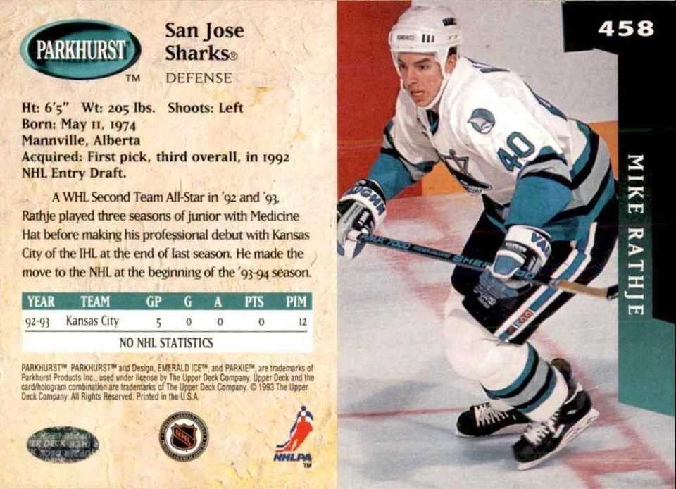 1993-94 PARKHURST MIKE RATHJE SAN JOSE SHARKS #458 - Image 2 of 2