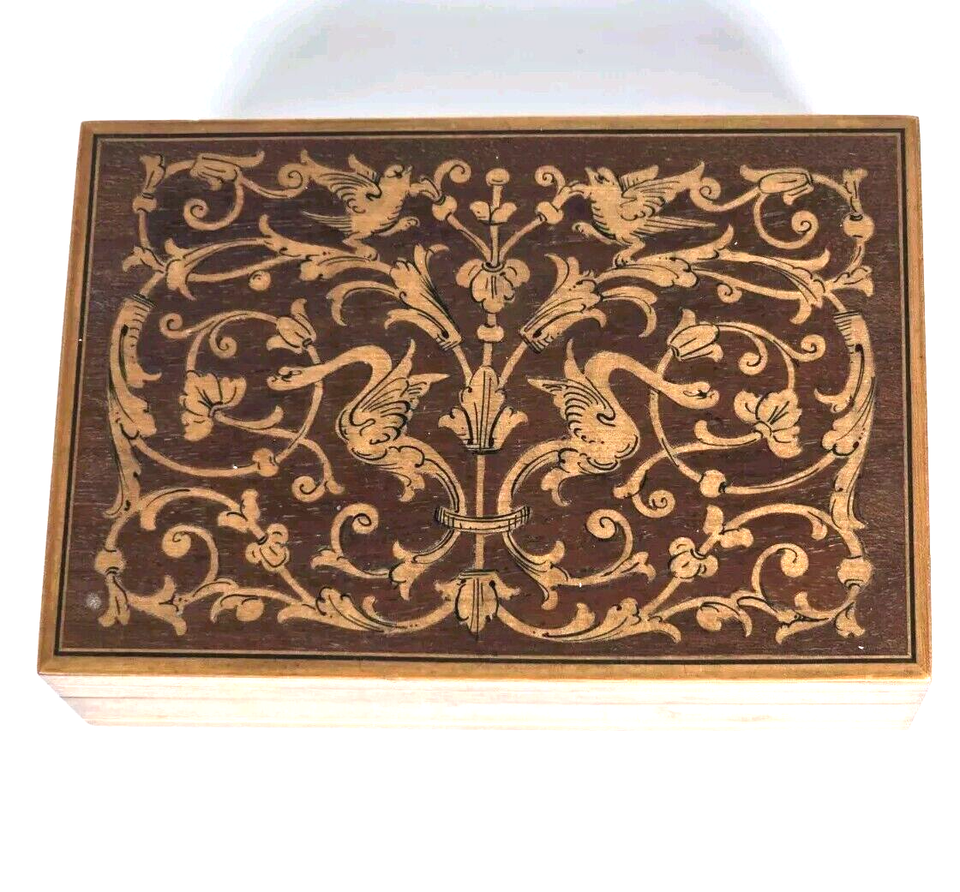 Elegant Antique Marquetry Jewelry Box with Florentine Lacquered Wood