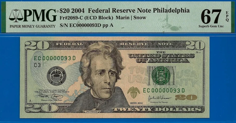 2004 $20 Federal Reserve Note PMG 67EPQ wanted birthday low serial number 93 - Image 2 of 3