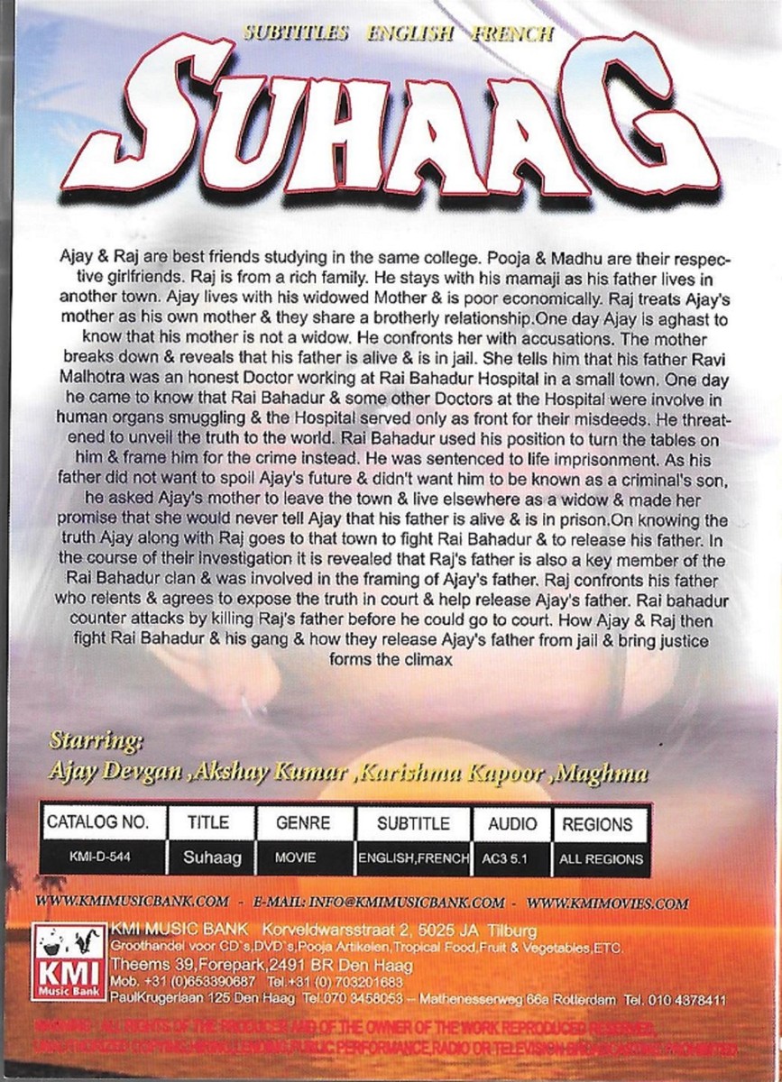 Suhaag Picture Ajay Devgan Akshay Kumar Suhaag Neuf Bollywood DVD