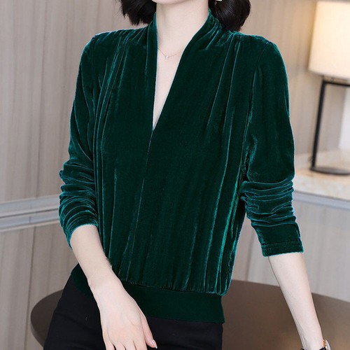Formal Lady Pullover Pleuche Tops Blouse Shirt Workwear V-neck Long Sleeve Shirt - Bild 7 von 8