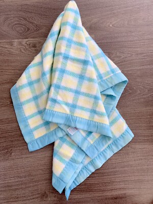 Vintage Snugabye Baby Blanket Plaid Blue Yellow 36”x50”