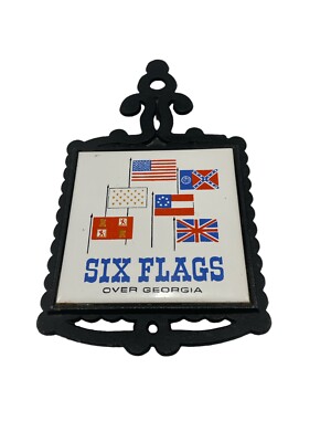 Vintage 1970s Six Flags Over Georgia Ceramic Tile Trivet Wall Hanger Souvenir