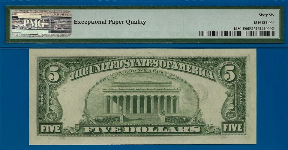 1988A $5 Federal Reserve Note PMG 66EPQ 2nd highest graded EC Block Fr 1980-E - Image 3 of 3