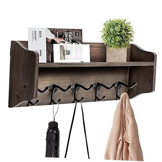 Coat Hooks with Shelf WallMounted, Rustic Wood Entryway Shelf with 5
