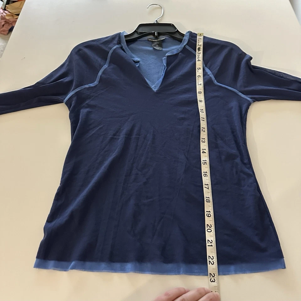 Vintage 90s Y2K Vivienne Tam Mesh Notch Blue 3/4 Sleeve Top 2 - Image 4 of 4
