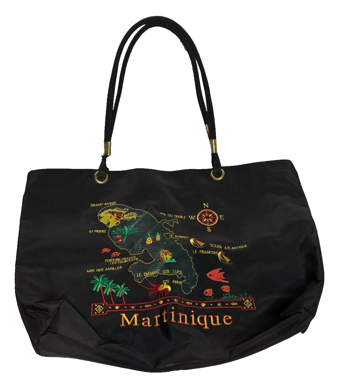 Vintage 90s Cruisers Martinique Zip Large Shoulder Tote Beach Bag Embroidery Map