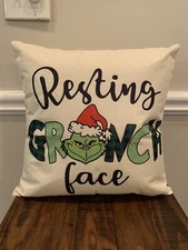 Grinch Throw Pillow 18x18" Resting Grinch Face Christmas Complete Ready! New