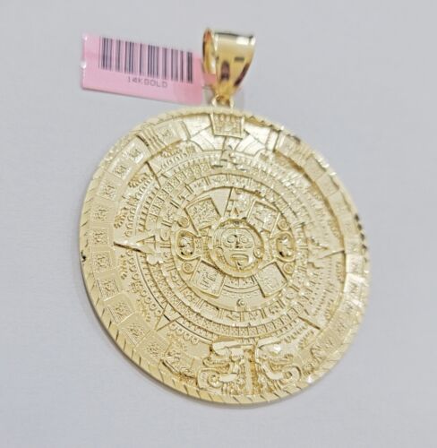 SOLID Real 14k Gold Charm Pendant Aztec Mayan Calendar 2" Men's Round Style 14k - Picture 1 of 6