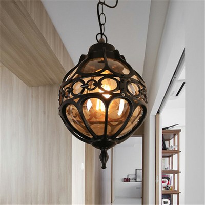Vintage Ceiling Fixture Single Pendant Hanging Lamp with Cage Design Glass Shade