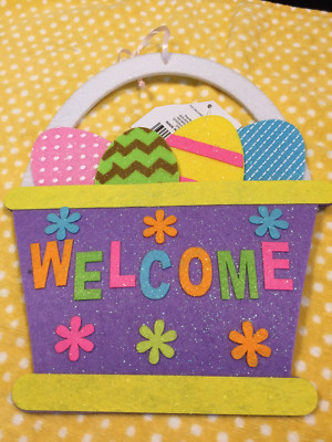 Felt Easter Basket full of Eggs Flowers WELCOME Door Wreath Sign 9.5'' x 8'' S26a