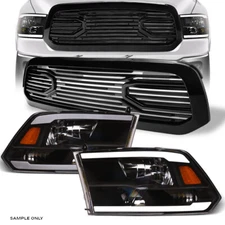 For 2013-2018 Dodge Ram 1500 Black LED Tube Bar Headlights Amber+Big Horn Grille