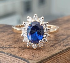 2ct Oval Cut Natural Blue Sapphire  Diamond 100 14k SOLID Yellow Gold Ring