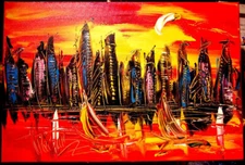 CITYSCAPE    ABSTRACT MUSIC ART - ORIGINAL OIL PAINTING BY MARK K5