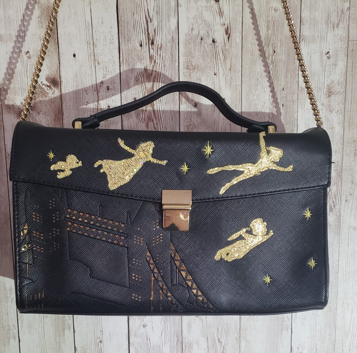 Disney Danielle Nicole Petter Pan Gold London Scene Black Satchel Purse