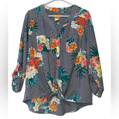 Ruby Rd. womens XL hi low floral striped crepe top roll tab 3/4 sleeve tie front