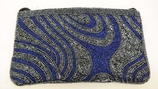 Beaded Clutch Evening Bag with Shoulder Strap Blue  Silver   TF