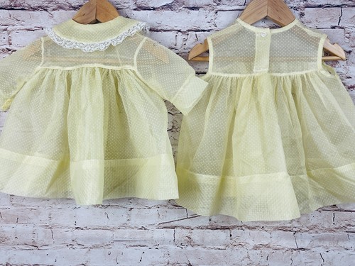Vintage Spring Swiss Dots Yellow Sheer Baby Dress Set Lace Floral Ribbon READ - Picture 7 of 16