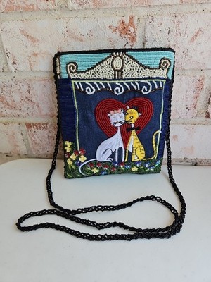 Mr & Mrs Cat Cross Body Bag Purse Embroidery Beads Zip Closure Kitties Blue