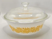 Vintage Glasbake 514 Daisy 2 Qt Yellow Floral Casserole Dish w/ Clear Lid