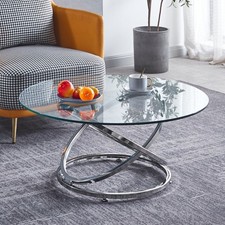 90cm Round Glass Coffee Table Clear Tempered Glass Top Chrome Leg Living Room