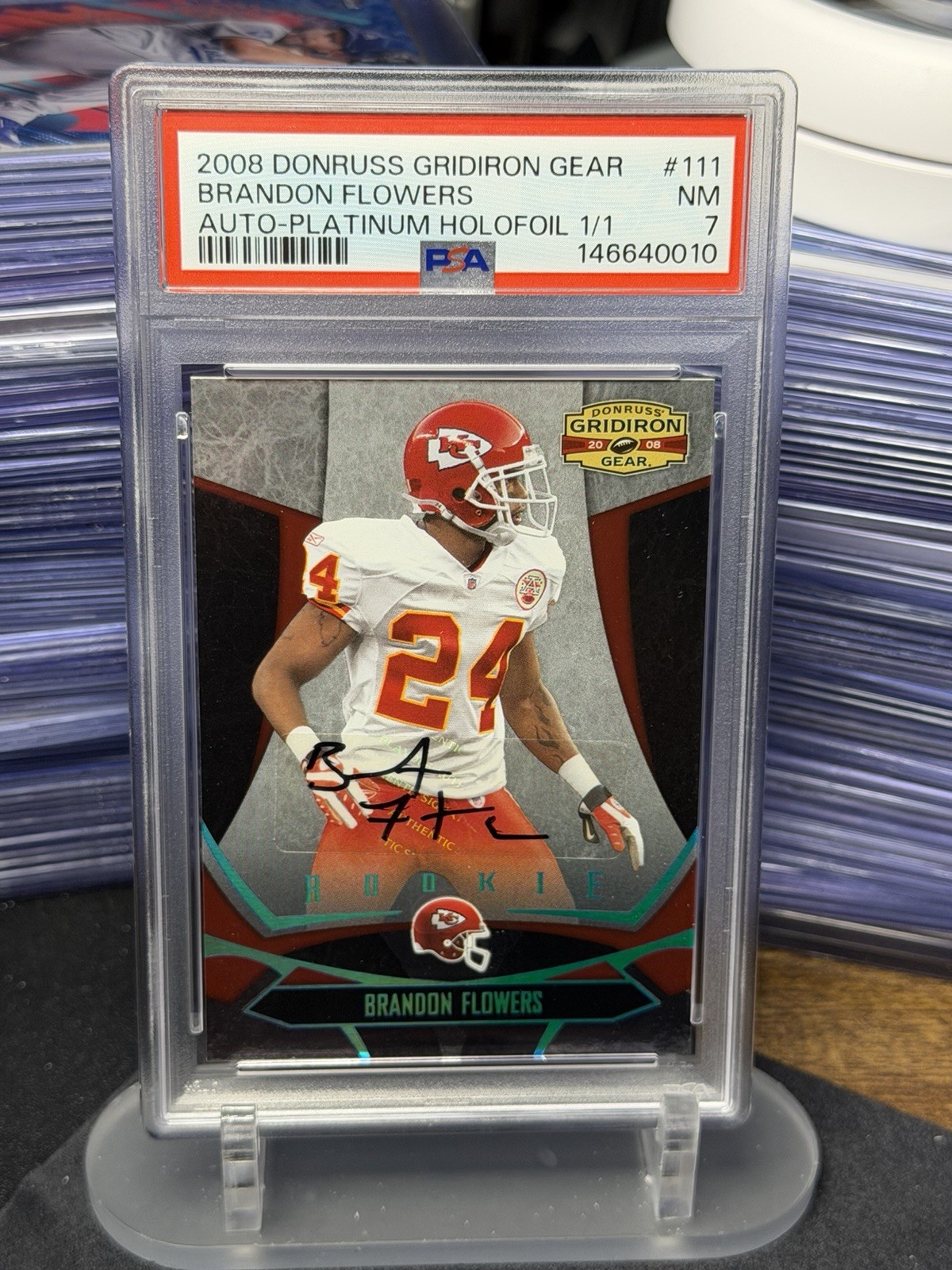 2008 Donruss Gridiron Gear Brandon Flowers RC Auto Platinum 1/1 PSA 7 Chiefs