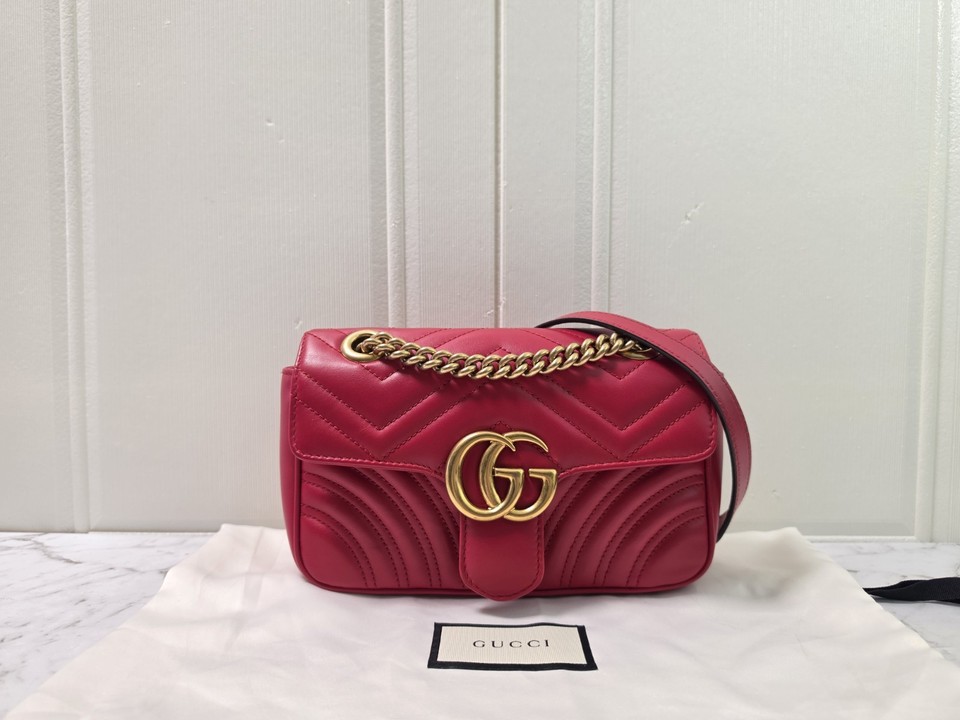 Authentic Gucci GG Marmont Flap 22 Red Matelassé Leather Gold Hardware Bag
