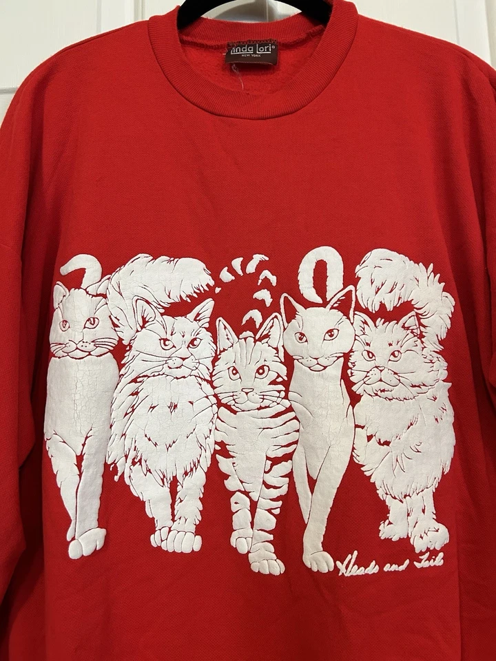 Vintage Linda Lori Cat Red Sweatshirt One Size OSFA Heads And Tails Puffy Print - Image 2 of 4