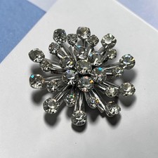 Vintage Clear Rhinestone Atomic Starburst Snowflake Brooch Pin Silver Tone 2"