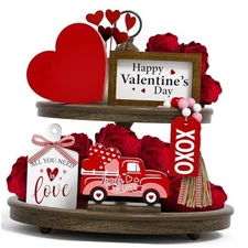 Valentine's Day Tiered Tray Decor Set - 5 Pcs Heart Wooden Signs XOXO Bead 