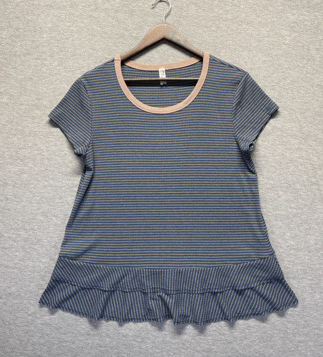 L Love Peplum Blouse Top Women Small Blue Yellow Striped Ribbed Knit Ruffled Hem