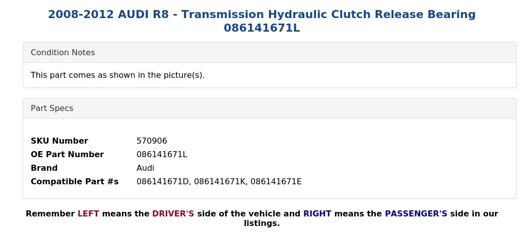 2008-2012 AUDI R8 - Transmission Hydraulic Clutch Release Bearing 086141671L