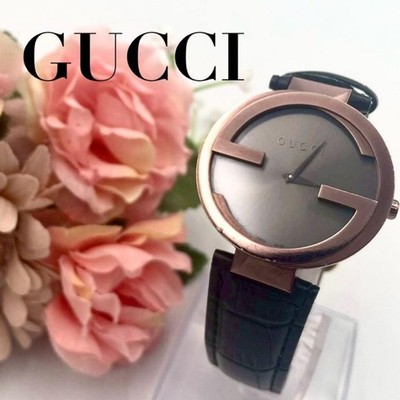 Gucci 133.3 Interlocking G Quartz Bronze Black Dial Leather Watch Auth