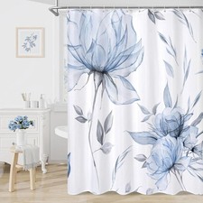 Blue Boho Floral Shower Curtain, Watercolor Botanical Design, 72 x 72  Boho Flo