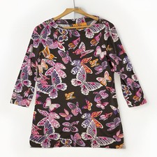 Tory Burch 100% Silk Small Tunic Top All Over Butterflies 3/4 Sleeve Button Logo