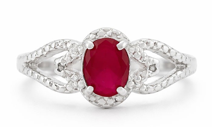 LAB CREATED 0.76 Cts RUBY & GEUINE DIAMONDS RING .925 STERLING SILVER - NWT