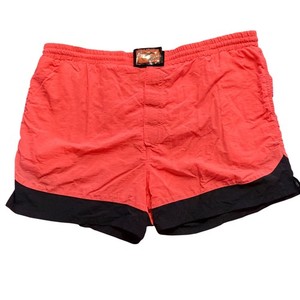 Vintage 90s Shark Neon Swim Trunks Coral Nylon Surf Shorts L Retro Beach