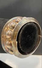 925 Mexican Silver Hinged Cuff Bracelet Taxco Domed Bead Modernist 7.5"