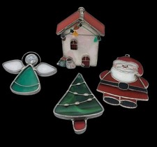 Vintage Stained Glass Suncatchers S/4 Santa/Angel/Tree/House Holiday Christmas