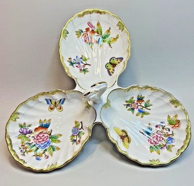 Vintage Herend Queen Victoria VBO Osier Porcelain Tray Triple Dish Centerpiece