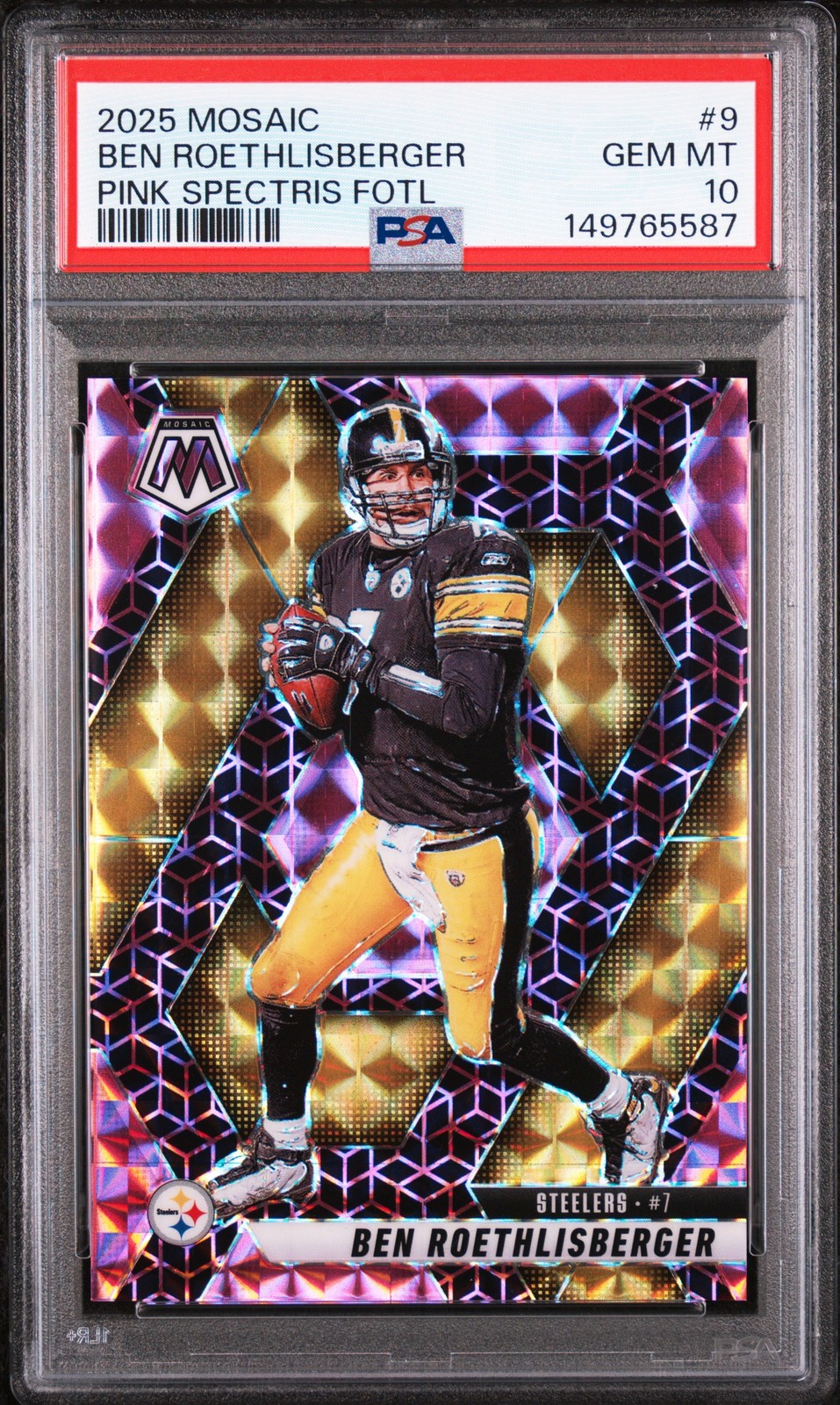 2025 PANINI MOSAIC PINK SPECTRIS FOTL #9 BEN ROETHLISBERGER 4/13 PSA 10