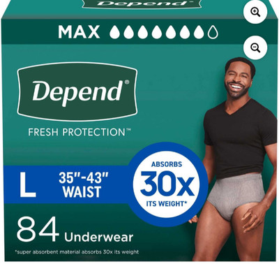 Men Large Depends Fresh Protection Underwear 84-count: waist 35  - 43        SWC