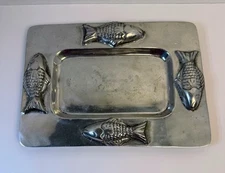 HOLLAND BOONE POLISHED PEWTER ORNATE FISH RECTANGULAR SERVING TRAY 13" X 9 1/2"